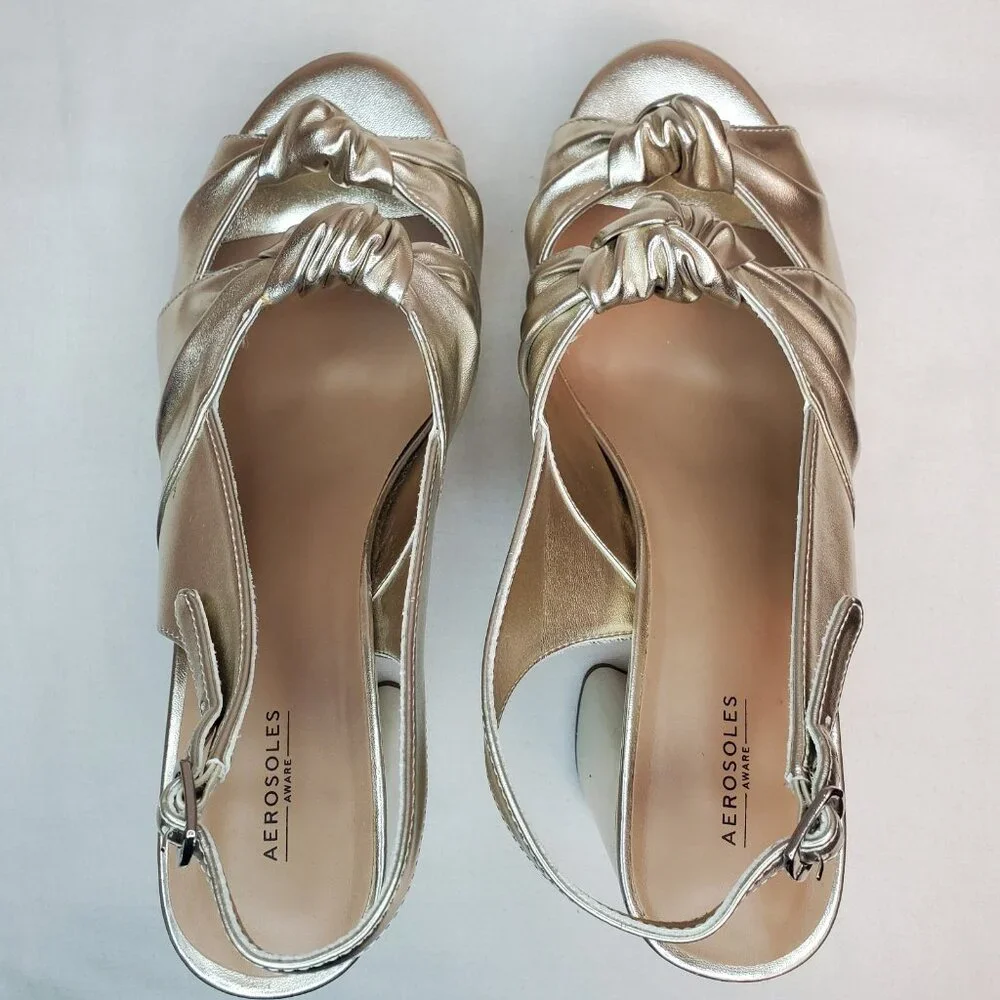 AEROSOLES Metallic Gold Knot Platform Slingback Heels